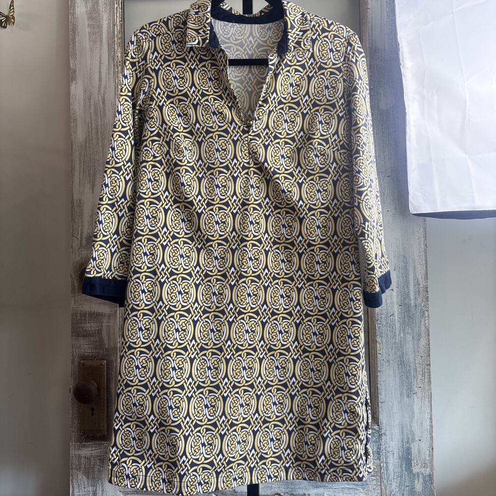 Elizabeth McKay Geometric 3/4 Sleeves Blue Yellow Dress